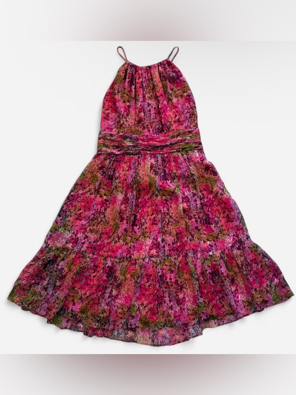 Nine West Pink Floral Halter Sundress with Green Accents